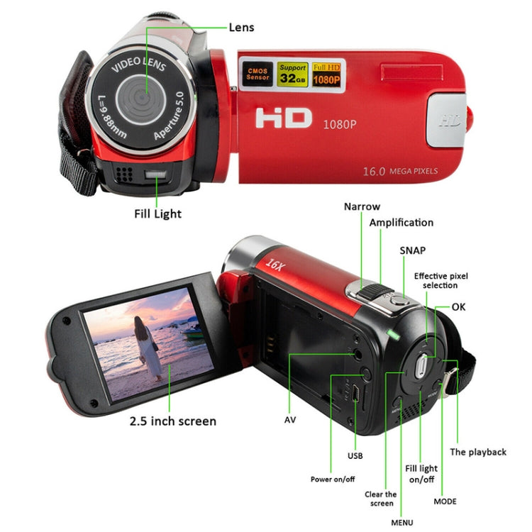 16X Digital Zoom HD 16 Million Pixel Home Travel DV Camera, UK Plug (Red)