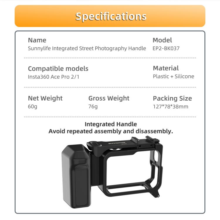 Sunnylife Street Photography Handle Ergonomic Hand Grip Quick Release Shutter Handle for Insta360 Ace Pro 2 / 1, EP2-BK037 For Insta360 Ace Pro 2 / 1