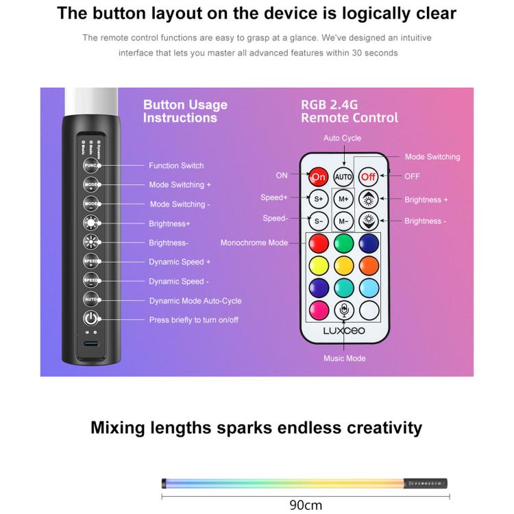 LUXCeO Mood1 Pro 90cm RGB Colorful Atmosphere Rhythm LED Stick Handheld Video Photo Fill Light, No Tripod, 90cm