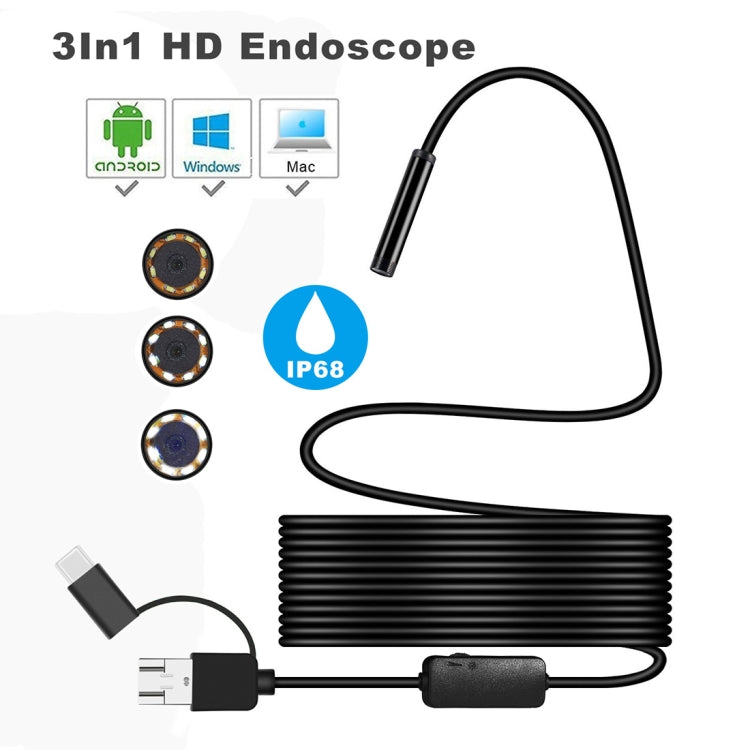 Y101 8mm Spiral Head 3 In 1 Waterproof Digital Endoscope Inspection Camera, Length: 10m Hard Cable(Black)