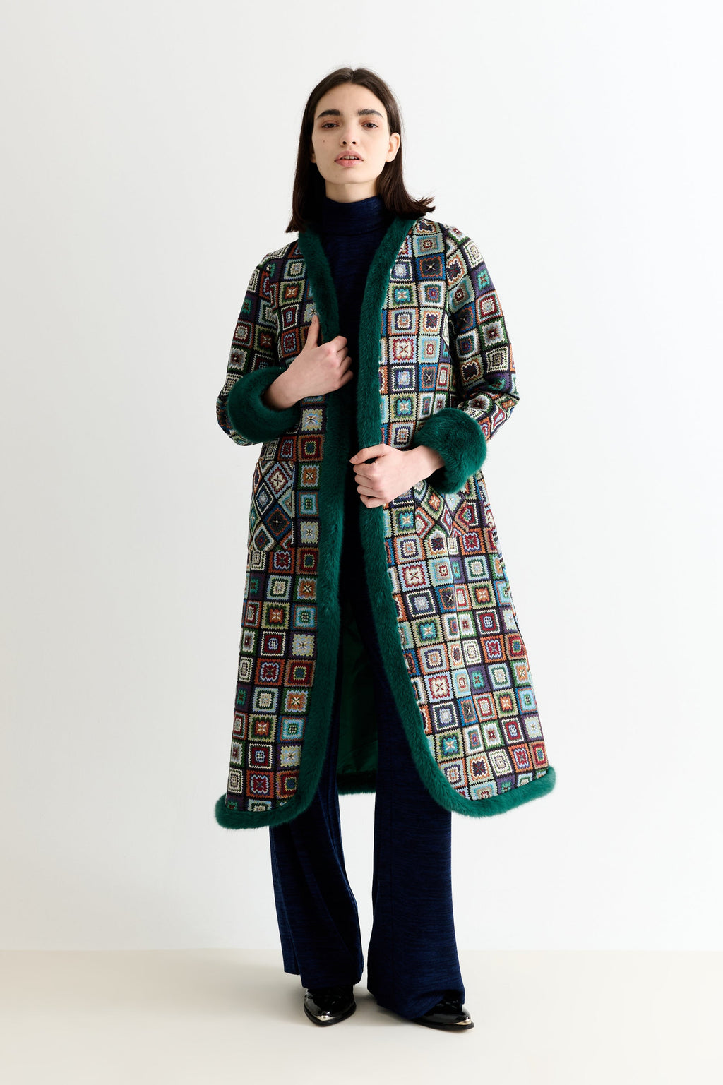 Delphia 70'S Patch Jacquard Fur Trim Coat - Multicoloured