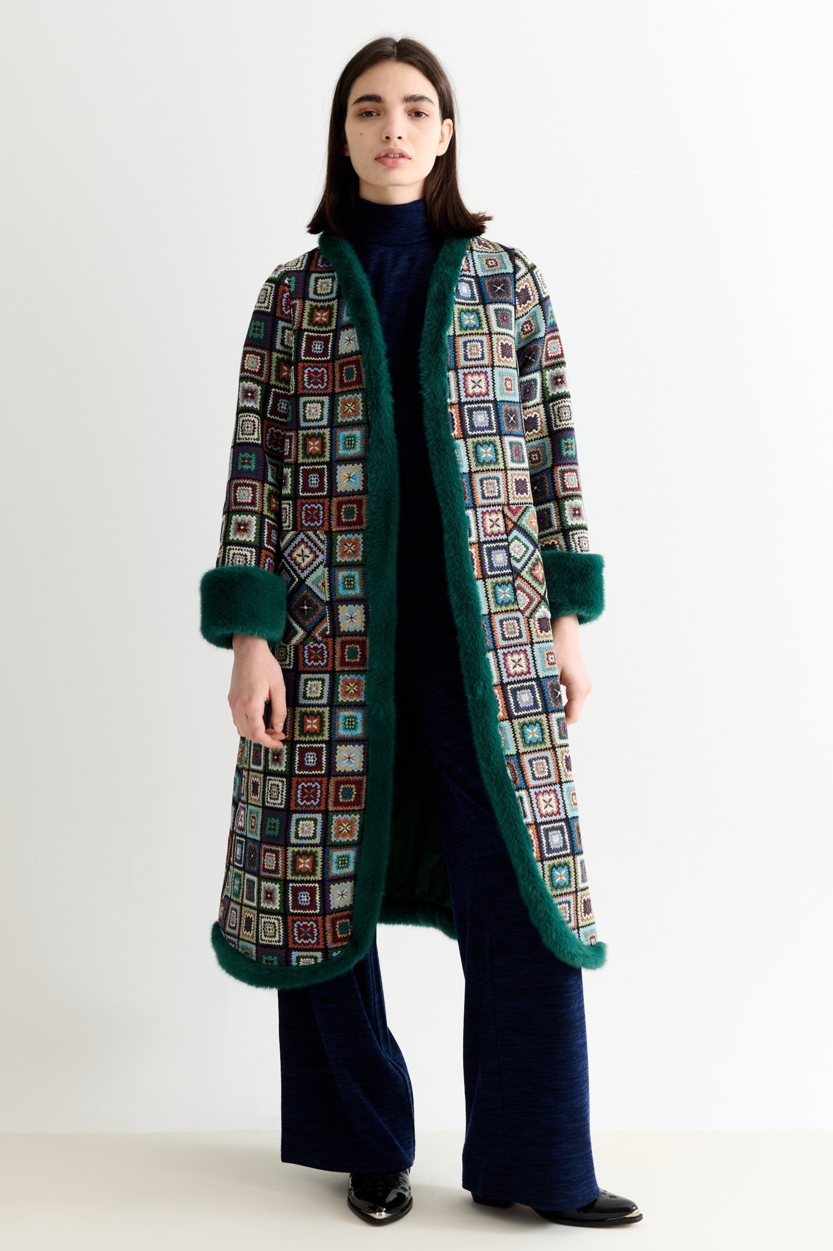 Delphia 70'S Patch Jacquard Fur Trim Coat - Multicoloured