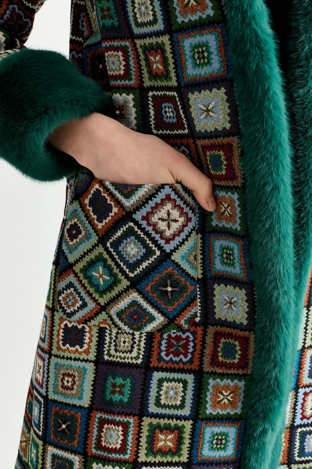 Delphia 70'S Patch Jacquard Fur Trim Coat - Multicoloured