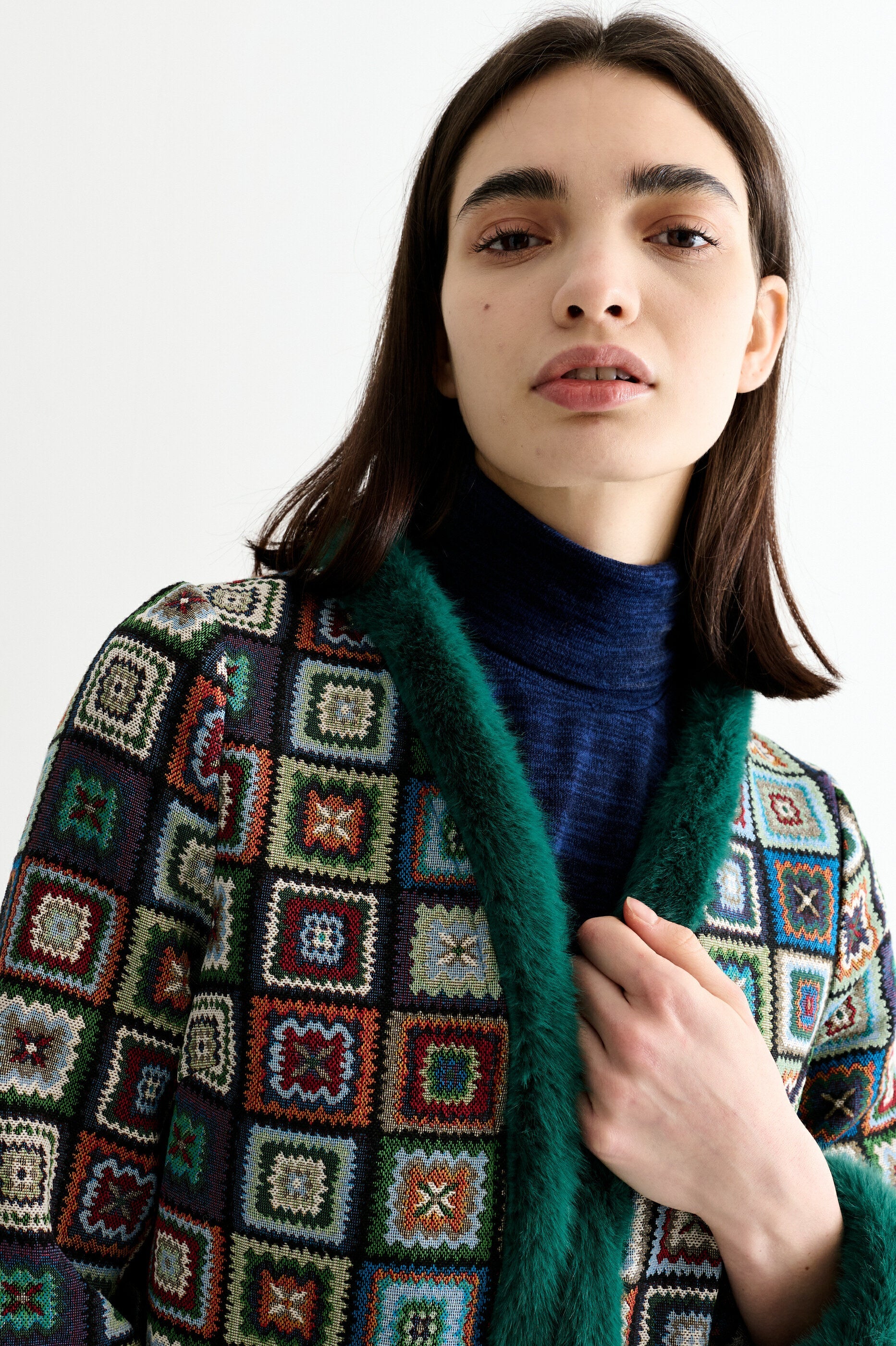 Delphia 70'S Patch Jacquard Fur Trim Coat - Multicoloured