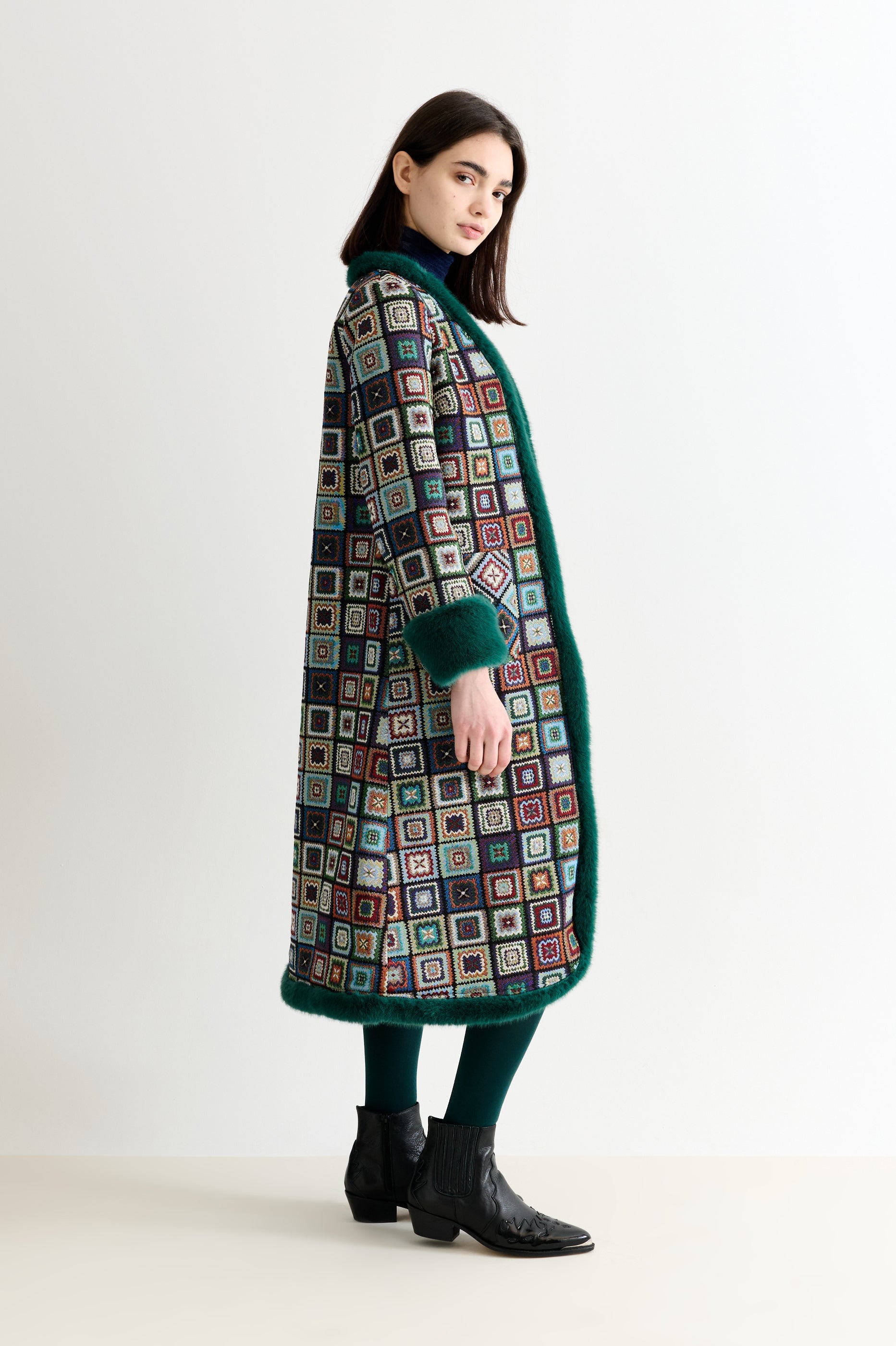 Delphia 70'S Patch Jacquard Fur Trim Coat - Multicoloured