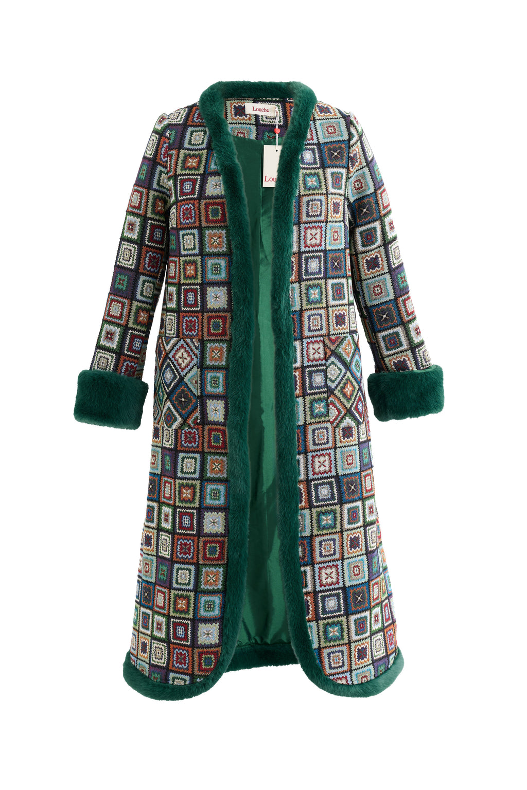 Delphia 70'S Patch Jacquard Fur Trim Coat - Multicoloured