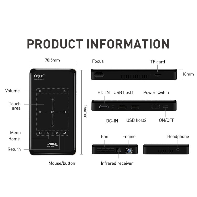 P09 Portable 4K Ultra HD DLP Mini Smart Projector with Infrared Remote Control, Amlogic S905X 4-Core A53 up to 1.5GHz Android 6.0, 1GB+8GB, Support 2.4G/5G WiFi, Bluetooth, TF Card