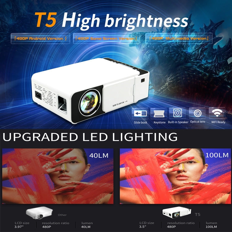 T5 100ANSI Lumens 800x400 Resolution 480P LED+LCD Technology Smart Projector, Support HDMI / SD Card / 2 x USB / Audio 3.5mm, Ordinary Version, Ordinary Version