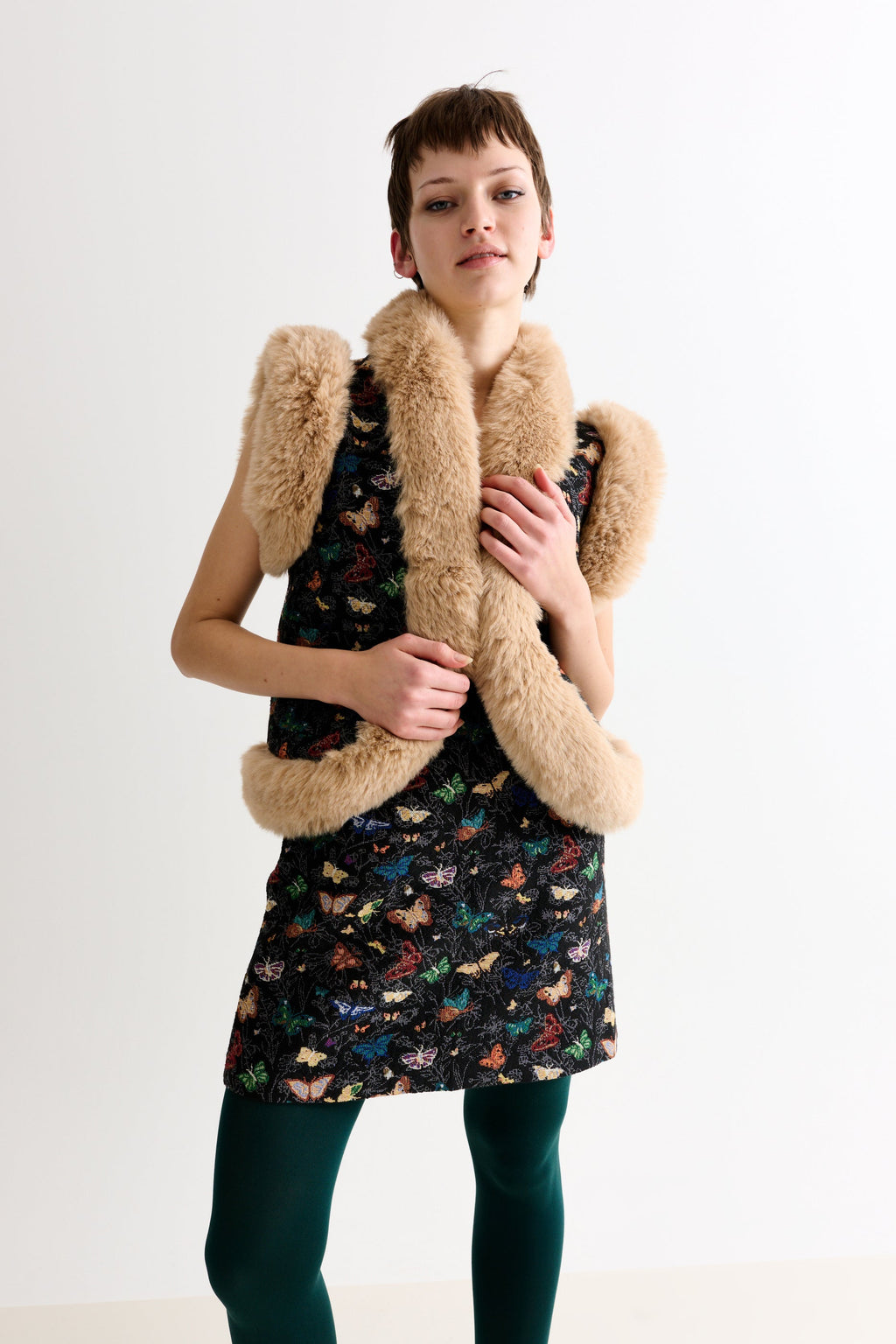 Dominica Butterfly Ball Jacquard Faux Fur Trimmed Waistcoat - Multicoloured