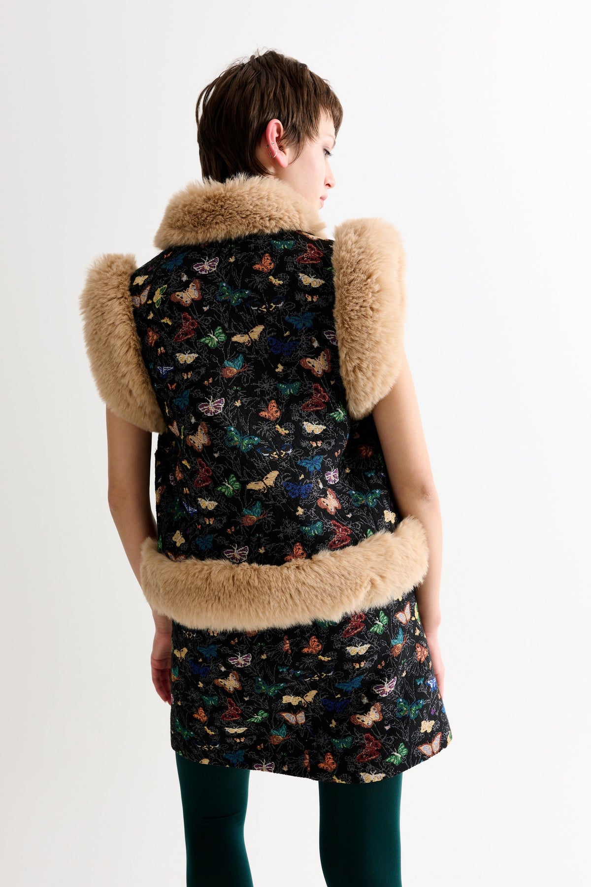 Dominica Butterfly Ball Jacquard Faux Fur Trimmed Waistcoat - Multicoloured