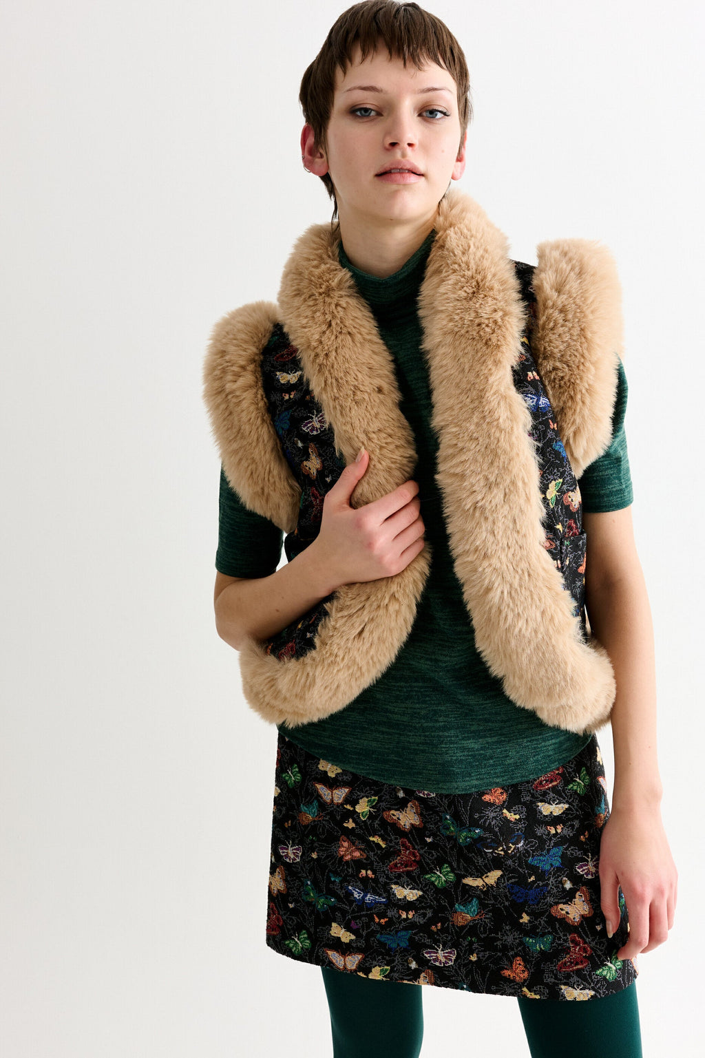 Dominica Butterfly Ball Jacquard Faux Fur Trimmed Waistcoat - Multicoloured