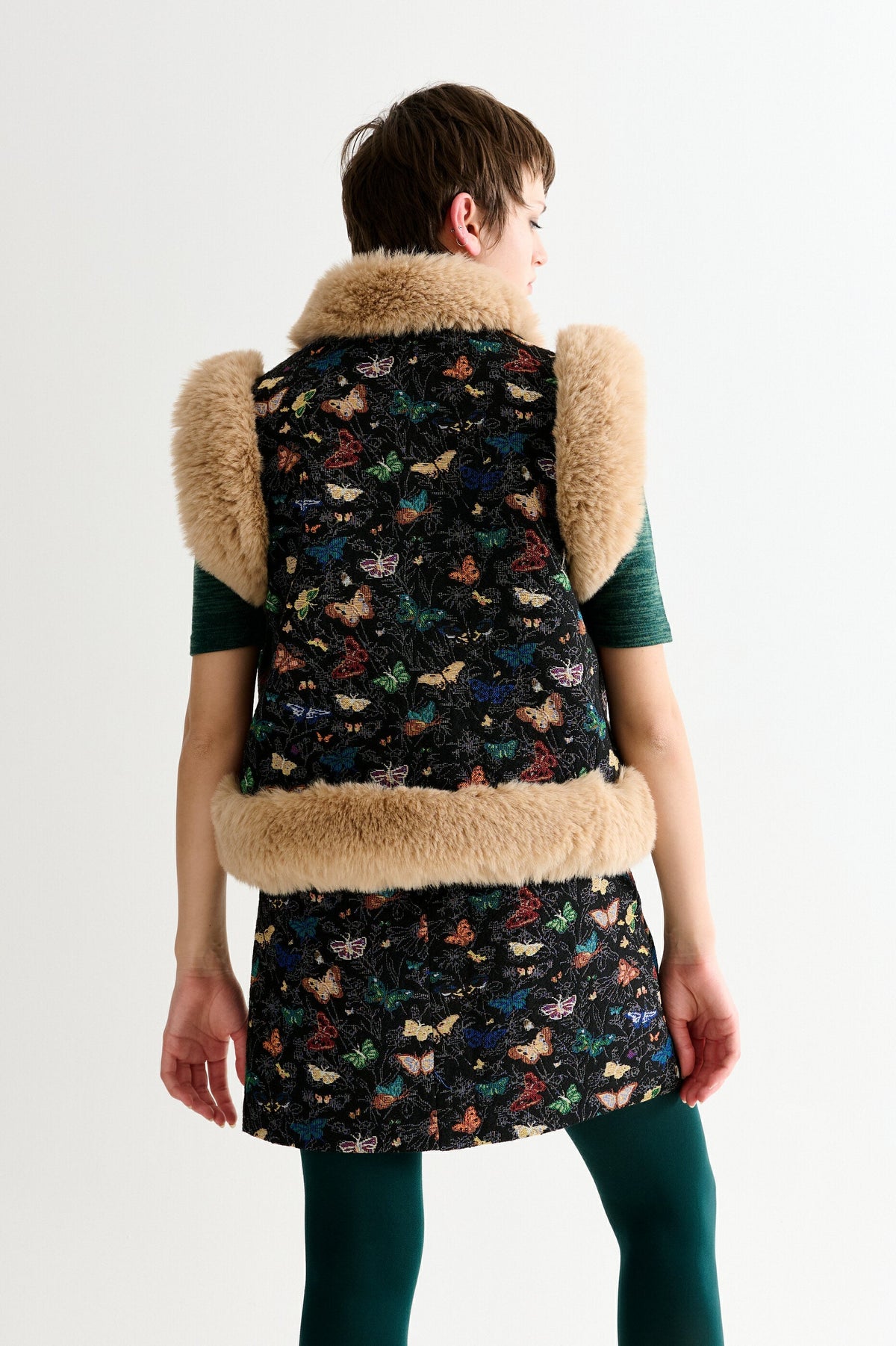 Dominica Butterfly Ball Jacquard Faux Fur Trimmed Waistcoat - Multicoloured