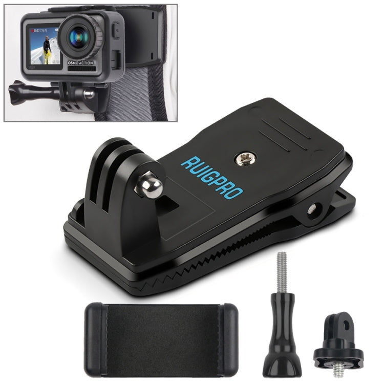 RUIGPRO 360° Rotation Backpack Mount + Phone Clamp for GoPro, DJI Osmo, Xiaoyi Cameras (Black)