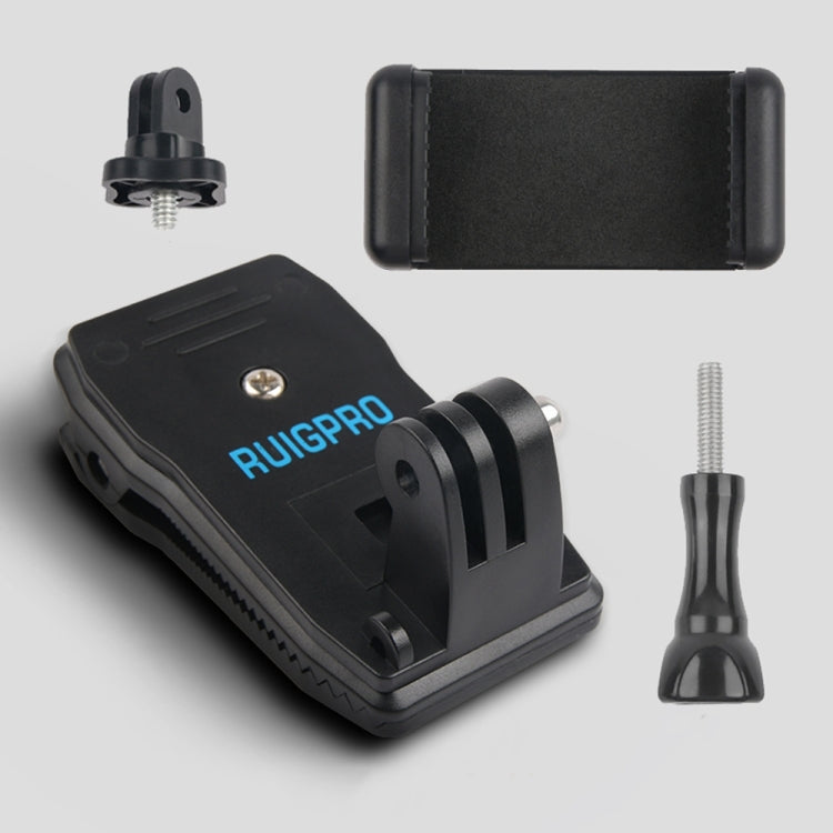 RUIGPRO 360° Rotation Backpack Mount + Phone Clamp for GoPro, DJI Osmo, Xiaoyi Cameras (Black)