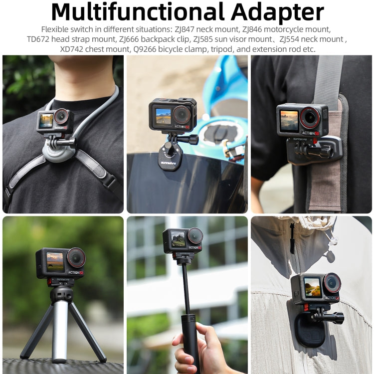 For DJI Osmo Action 5 Pro / 4 / 3 Sunnylife Foldable Magnetic Quick Release Mount Action Camera Selfie Stick Tripod Adapter Cam Stand (Black)
