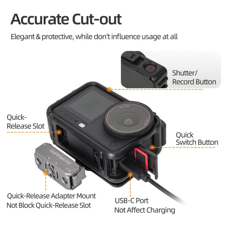 For DJI Osmo Action 6 Sunnylife Protective Case Frame Mount AdapterHousing Case with Detachable Sun Hood, For DJI Osmo Action 6