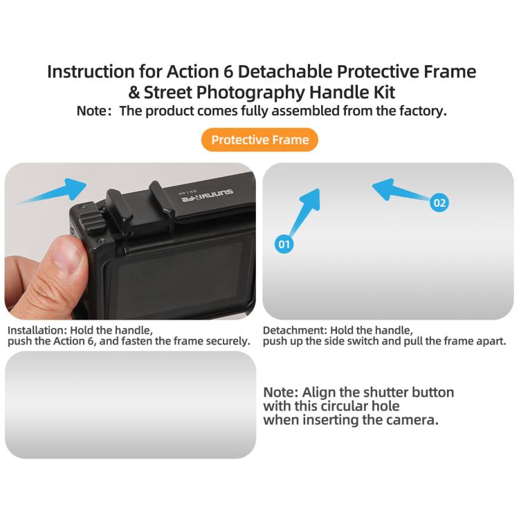 For DJI Action 6 Sunnylife 2-in-1 Detachable Protective Frame & Street Photography Handle Ergonomic Hand Grip Quick Release Shutter Handle, For DJI Action 6