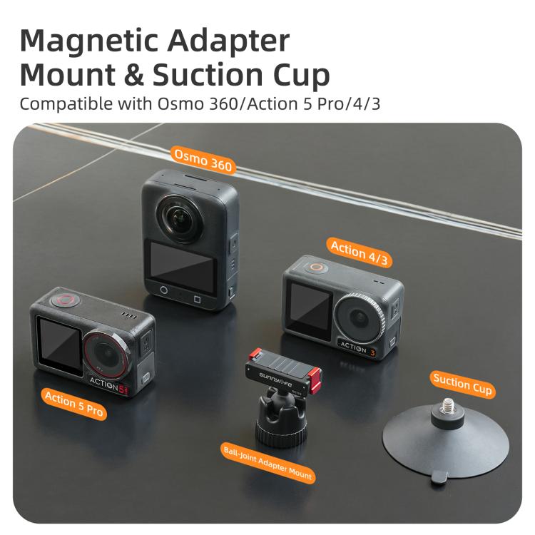 Sunnylife Magnetic Quick-Release Ball-Joint Adapter Mount 360 Rotatable Suction Cup Bracket For DJI Osmo 360 / Action 5 Pro / 4 / 3, For DJI Osmo 360 / Action 5 Pro / 4 / 3