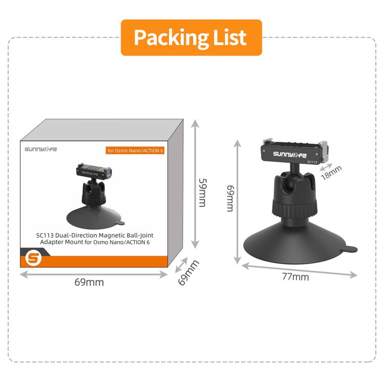 Sunnylife Dual-Direction Magnetic Quick-Release Ball-Joint Adapter Mount 360 Rotatable Suction Cup Bracket For DJI Osmo Nano / Action 6, For DJI Osmo Nano / Action 6