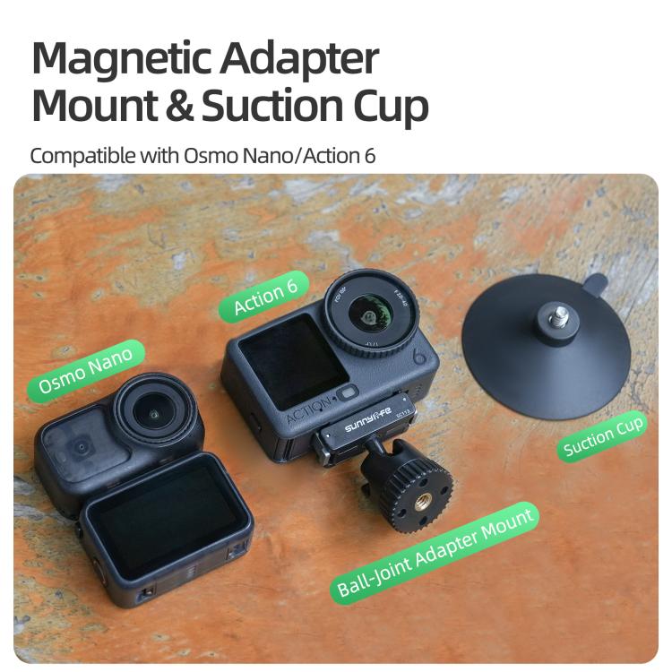 Sunnylife Dual-Direction Magnetic Quick-Release Ball-Joint Adapter Mount 360 Rotatable Suction Cup Bracket For DJI Osmo Nano / Action 6, For DJI Osmo Nano / Action 6