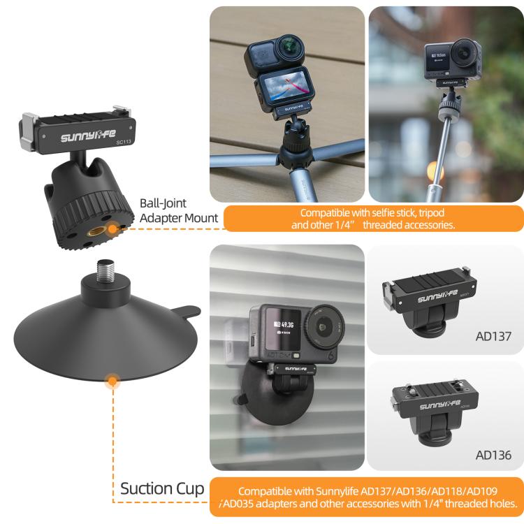 Sunnylife Dual-Direction Magnetic Quick-Release Ball-Joint Adapter Mount 360 Rotatable Suction Cup Bracket For DJI Osmo Nano / Action 6, For DJI Osmo Nano / Action 6