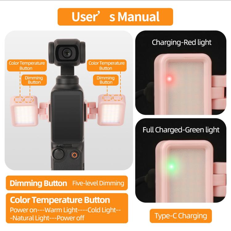 For DJI Osmo Pocket 3 Sunnylife Adjustable LED Video Light Quick-Release Fill Light Tri-Color Dimmable Portable Fill Lamp