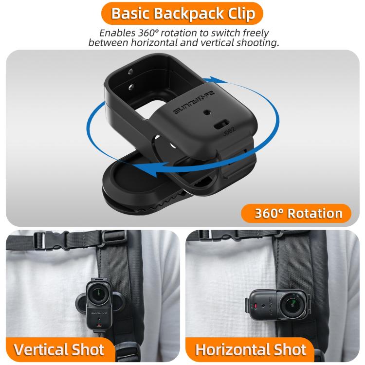 For DJI Osmo Nano Sunnylife Backpack Clip Action Camera Clamp 360 Rotation Vertical-Horizontal Mount 90 Tilt Upgraded Backpack Clip