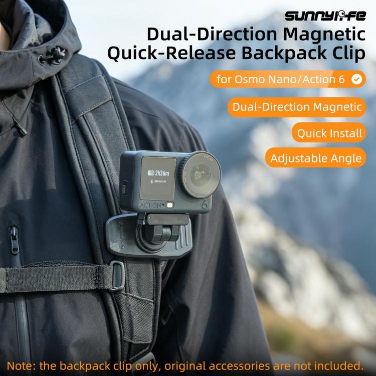 Sunnylife Magnetic Quick-Release Backpack Clip Adjustable Action Camera Clamp Vertical-Horizontal Mount for DJI Osmo Nano / Action 6, MJ-172 For DJI Osmo Nano / Action 6