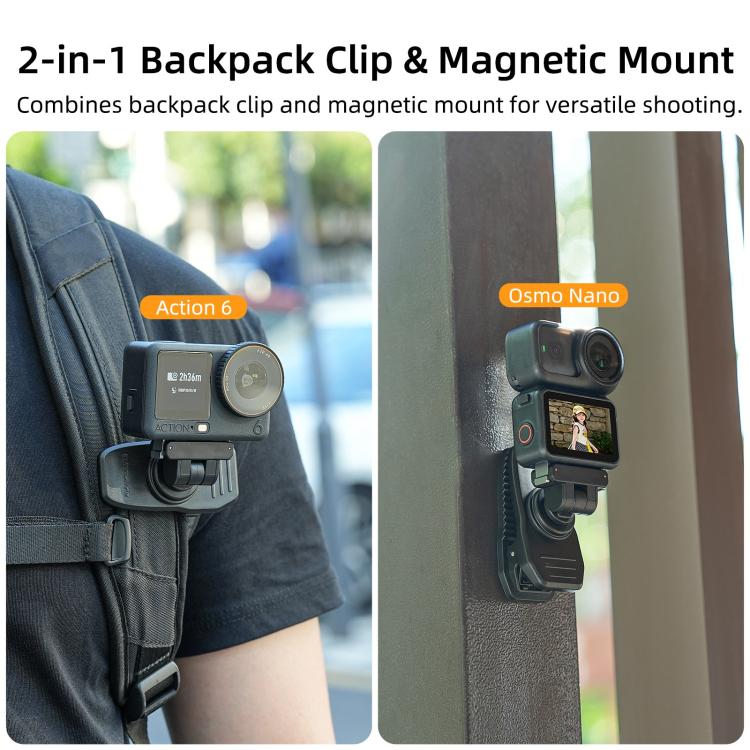 Sunnylife Magnetic Quick-Release Backpack Clip Adjustable Action Camera Clamp Vertical-Horizontal Mount for DJI Osmo Nano / Action 6, MJ-172 For DJI Osmo Nano / Action 6