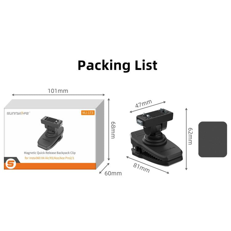 Sunnylife Magnetic Quick-Release Backpack Clip Action Camera Clamp Vertical-Horizontal Mount for Insta360 X4 Air / X5 / Ace / Ace Pro 2 / 1, For Insta360 X4 Air / X5 / Ace / Ace Pro 2 / 1