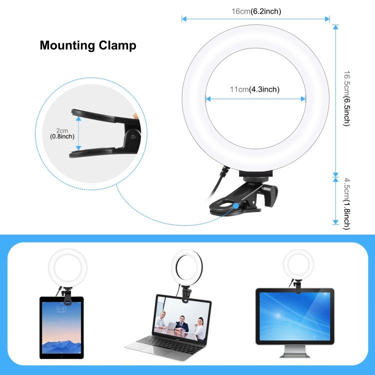 PULUZ 6.2 inch 16cm Ring Selfie Light 3 Modes USB Dimmable Dual Color Temperature LED Curved Vlogging Photography Video Lights with Monitor Clip Holder, 6.2 inch 16cm