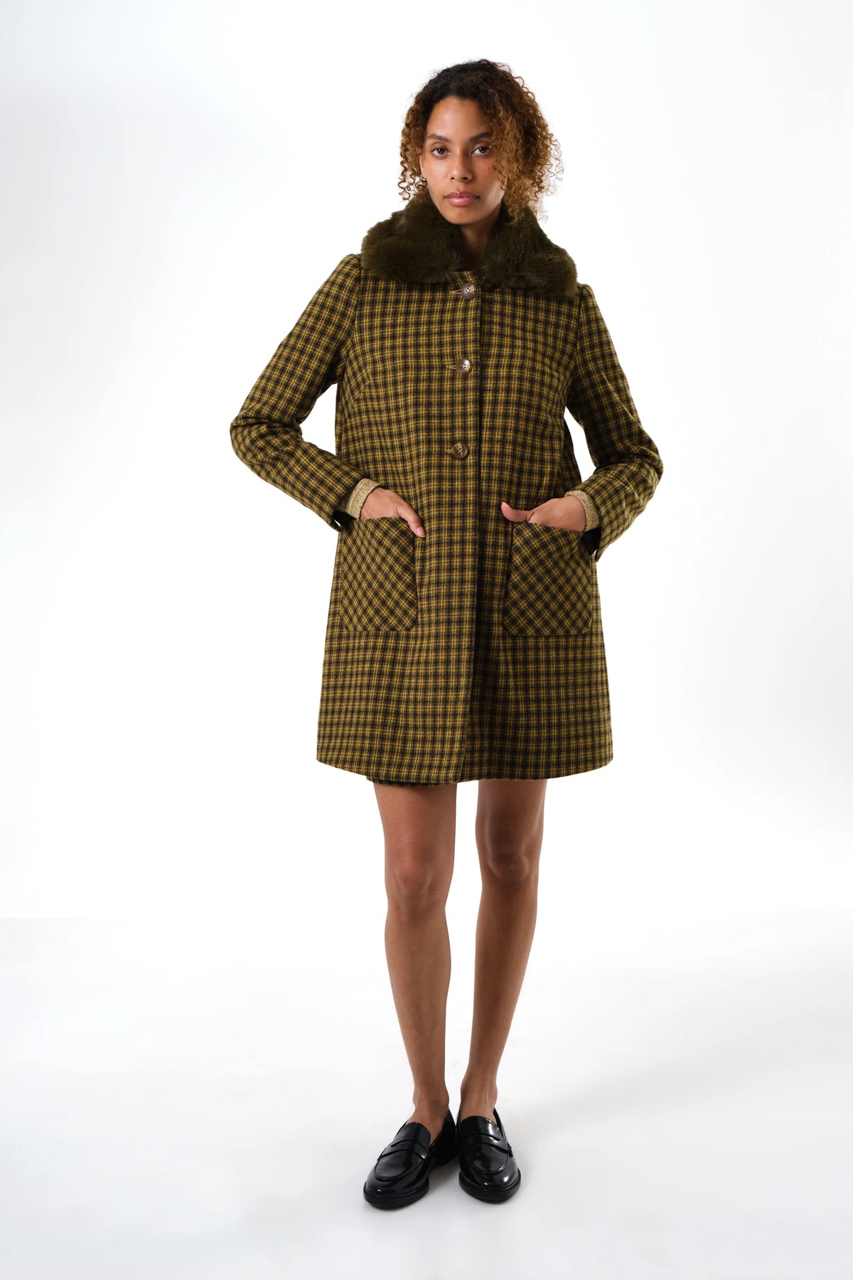 Dryden Wyoming Check Faux Fur Collar Coat - Mustard