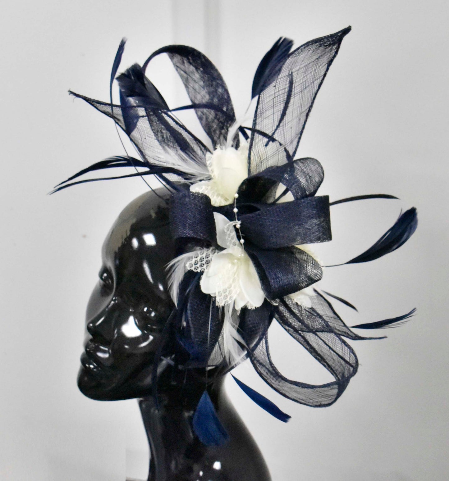 Large Navy and Cream Fascinator on Cream Ivory Headband