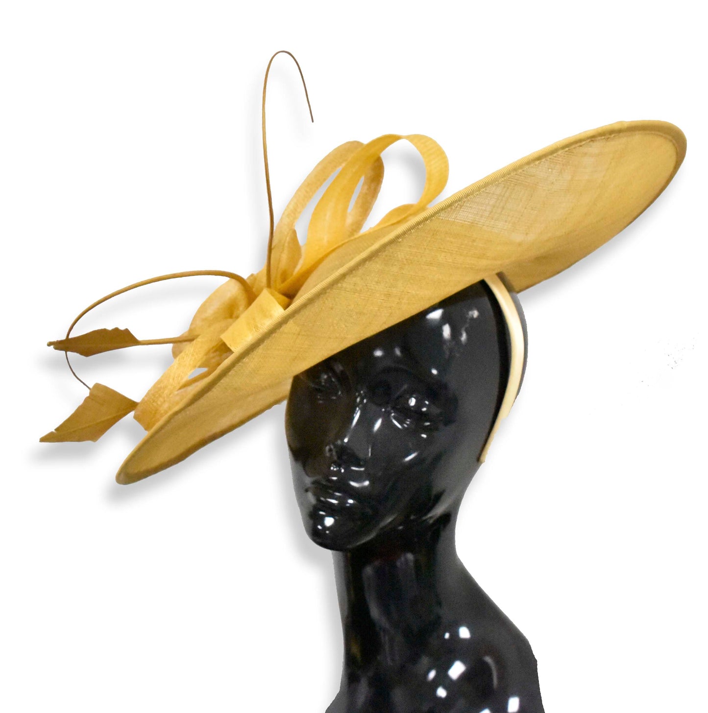 Mustard Gold 41cm Large SInamay Hatinator Disc Saucer Brim Hat Fascinator on Headband