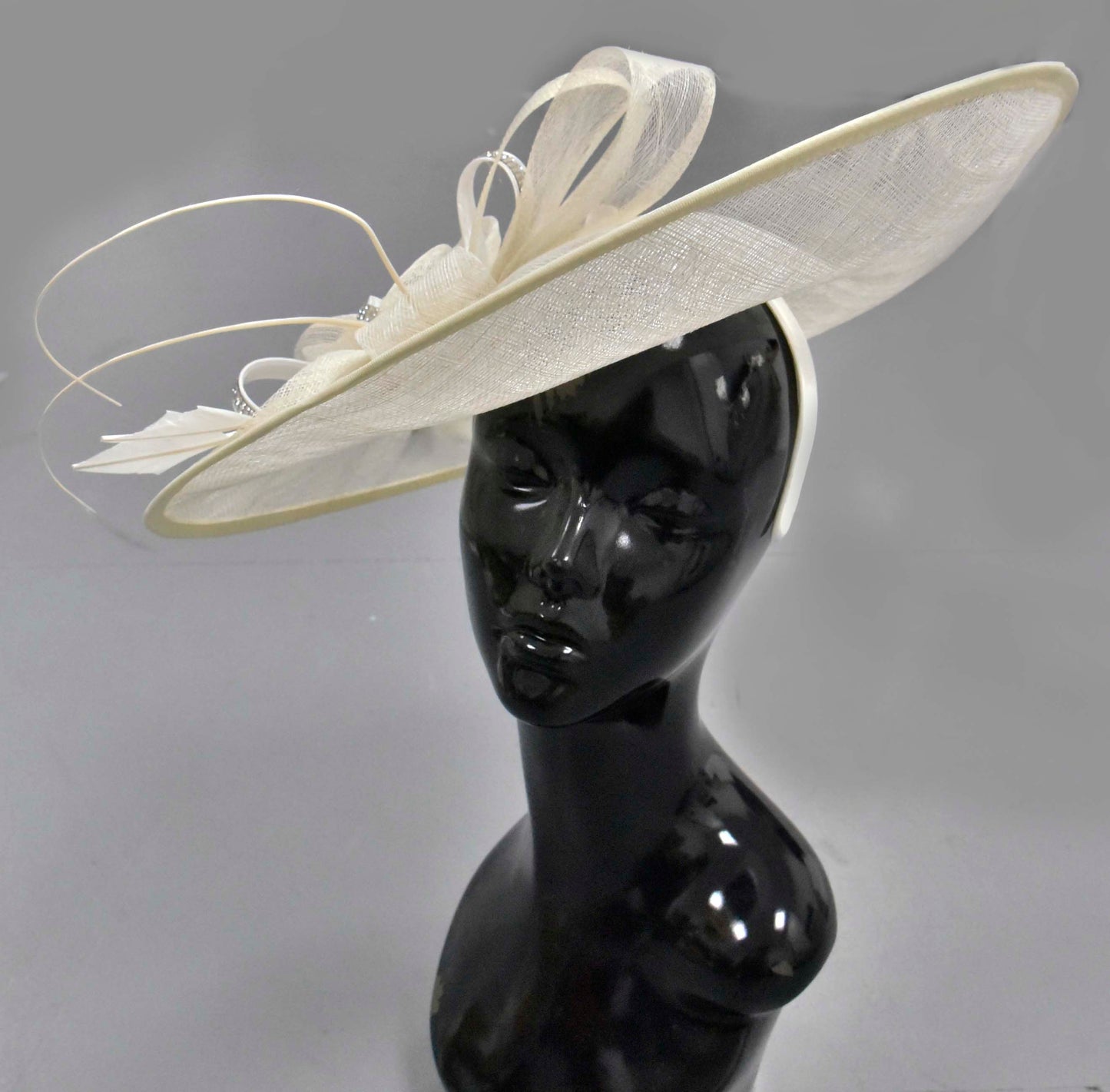 Cream Ivory Diamante Crystal 41cm Large SInamay Hatinator Disc Saucer Brim Hat Fascinator on Headband