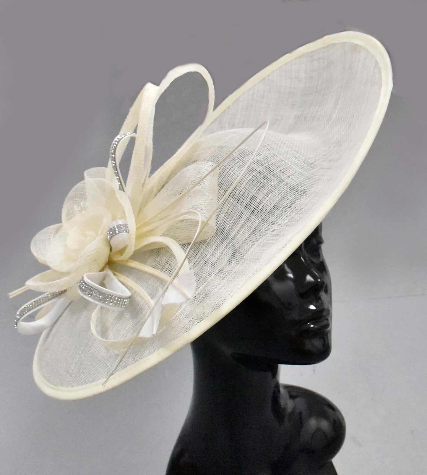 Cream Ivory Diamante Crystal 41cm Large SInamay Hatinator Disc Saucer Brim Hat Fascinator on Headband