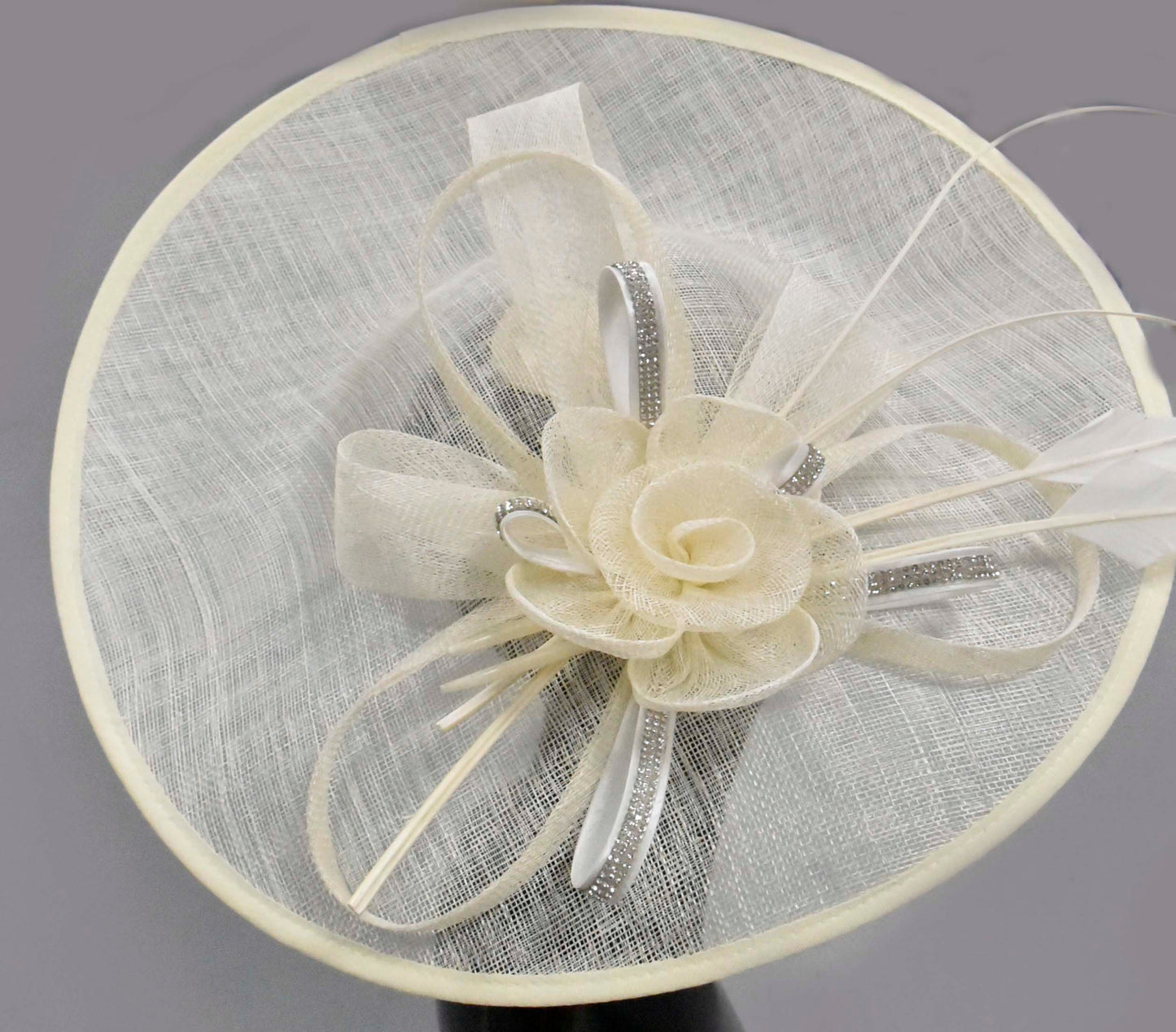 Cream Ivory Diamante Crystal 41cm Large SInamay Hatinator Disc Saucer Brim Hat Fascinator on Headband