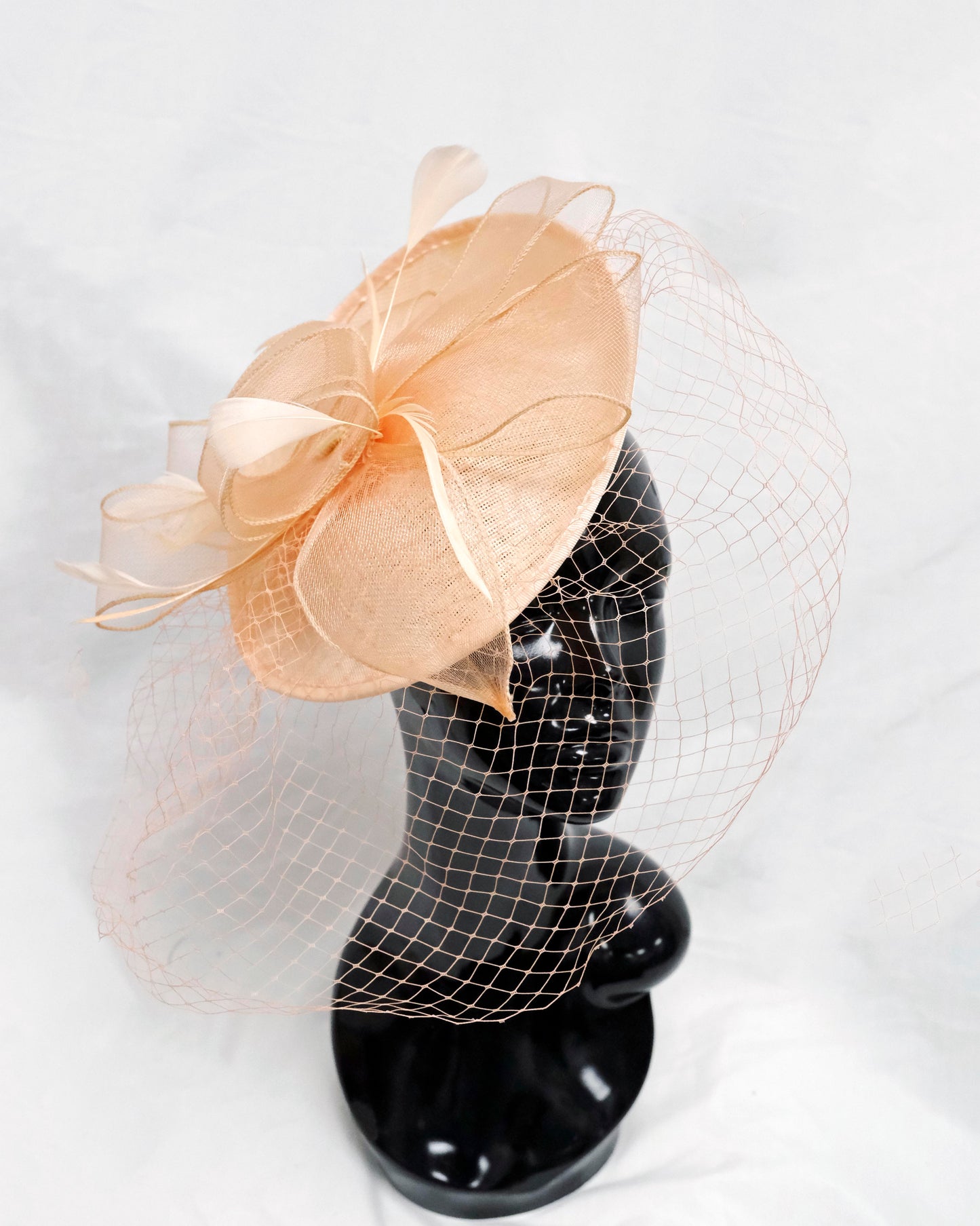 Peach Round Base with Veil Fascinator Weddings Ascot Hatinator Races