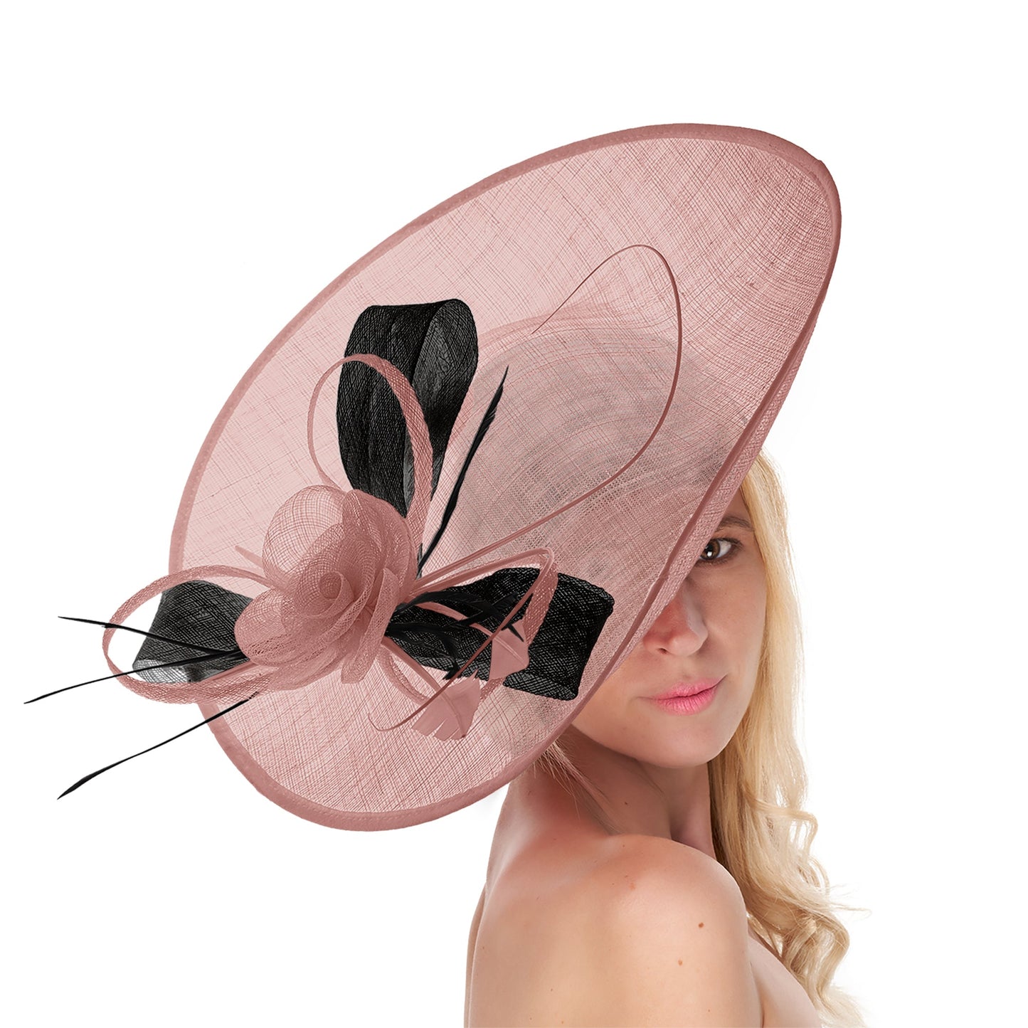 Dusty Pink Black 41cm Large Sinamay Hatinator Disc Saucer Brim Hat Fascinator on Headband
