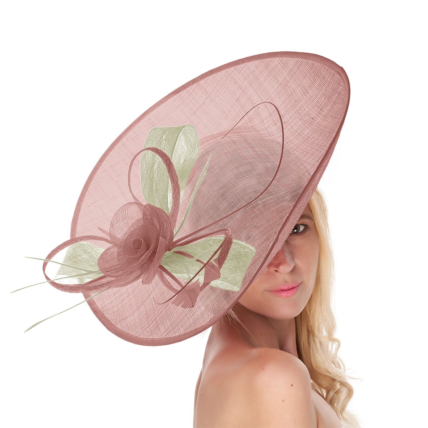 Dusty Pink Cream 41cm Large Sinamay Hatinator Disc Saucer Brim Hat Fascinator on Headband