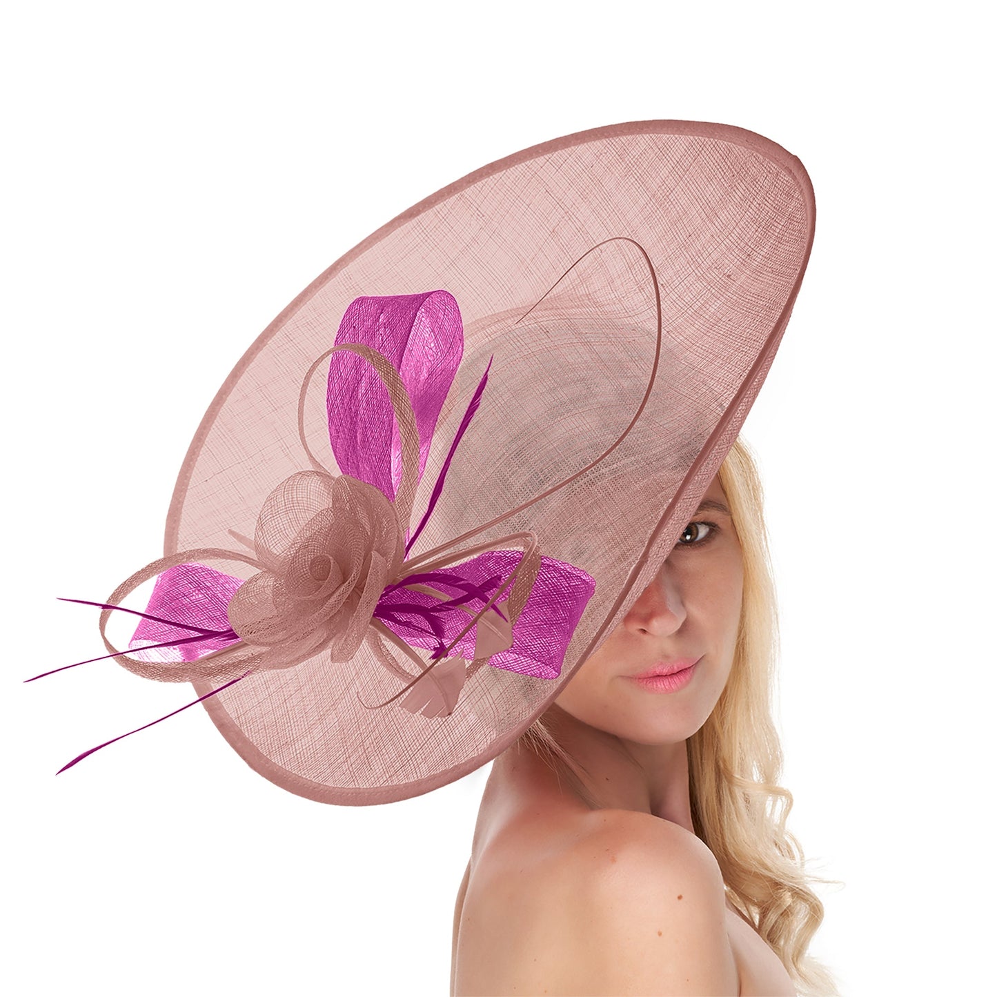 Dusty Pink Fuchsia 41cm Large Sinamay Hatinator Disc Saucer Brim Hat Fascinator on Headband