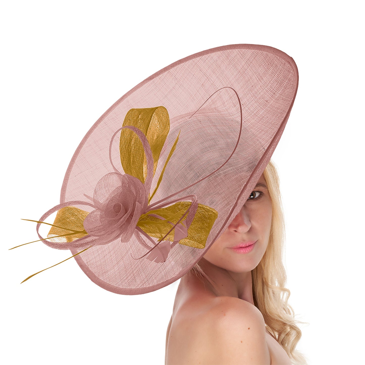 Dusty Pink Mustard 41cm Large Sinamay Hatinator Disc Saucer Brim Hat Fascinator on Headband