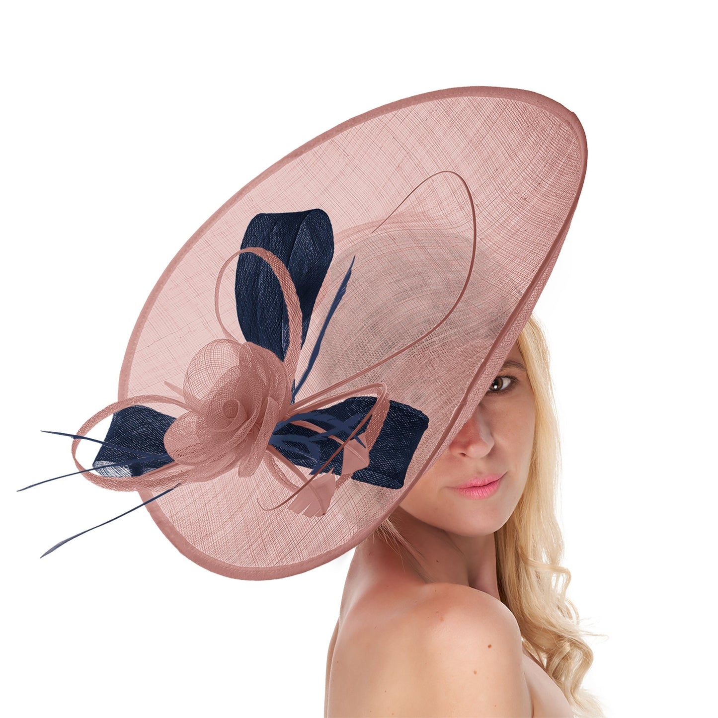 Dusty Pink Navy 41cm Large Sinamay Hatinator Disc Saucer Brim Hat Fascinator on Headband