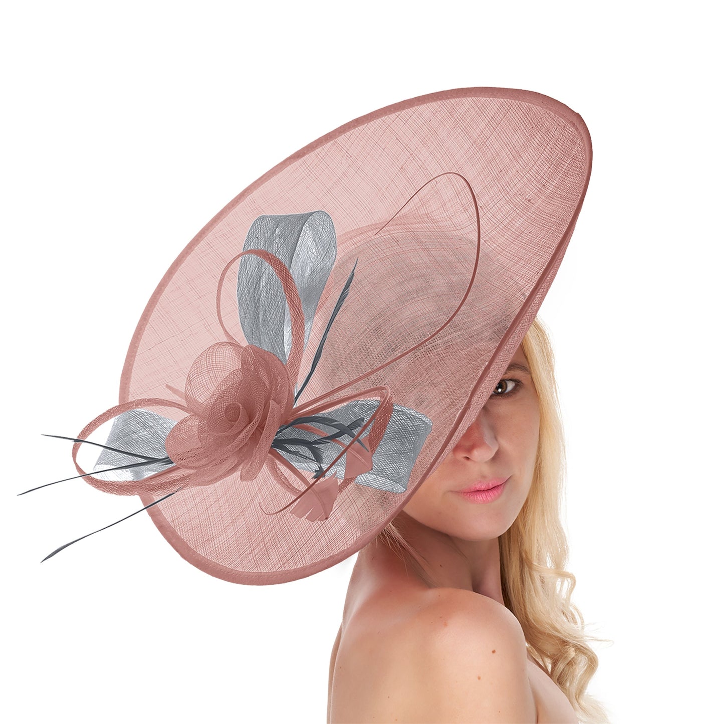 Dusty Pink Silver 41cm Large Sinamay Hatinator Disc Saucer Brim Hat Fascinator on Headband