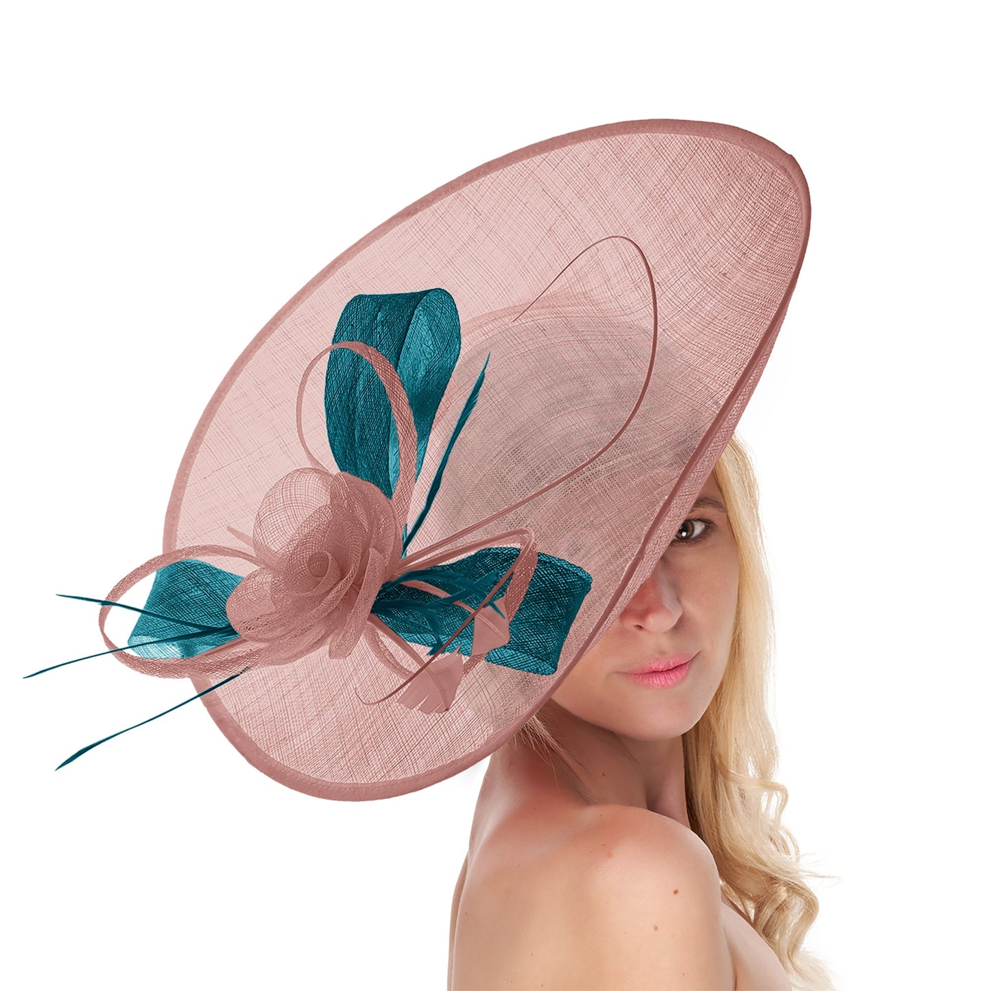 Dusty Pink Teal 41cm Large Sinamay Hatinator Disc Saucer Brim Hat Fascinator on Headband