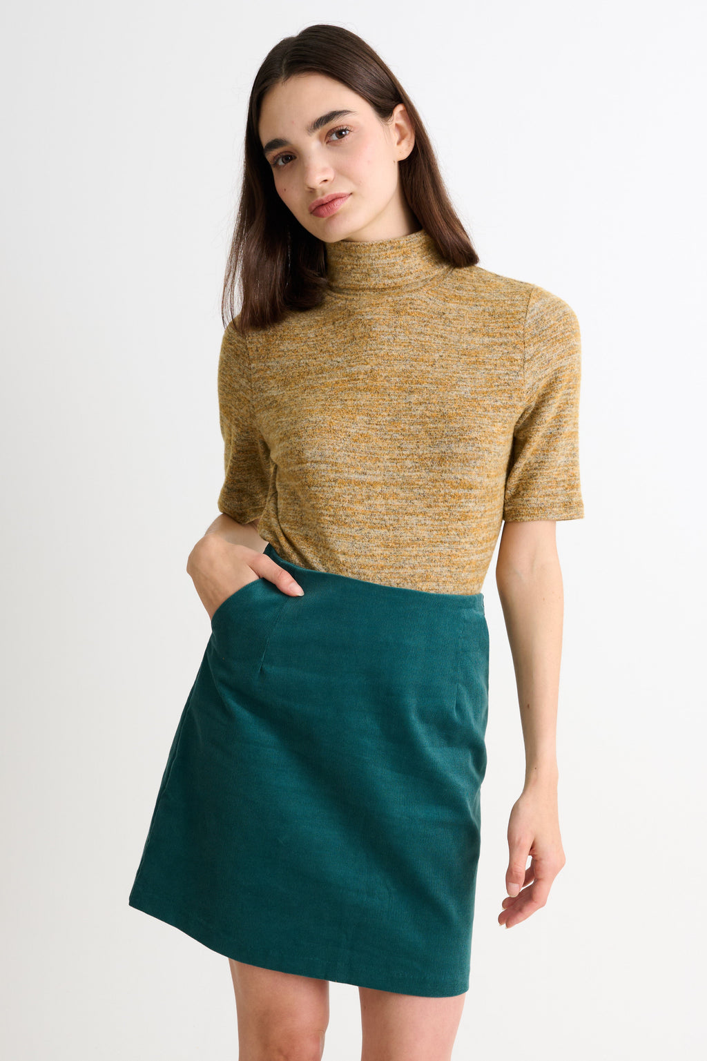 Vista Soft Marl Polo Neck Short Sleeve Top - Mustard