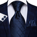 Dark Blue Check Silk Tie - With Matching Cufflinks & Pocket Square