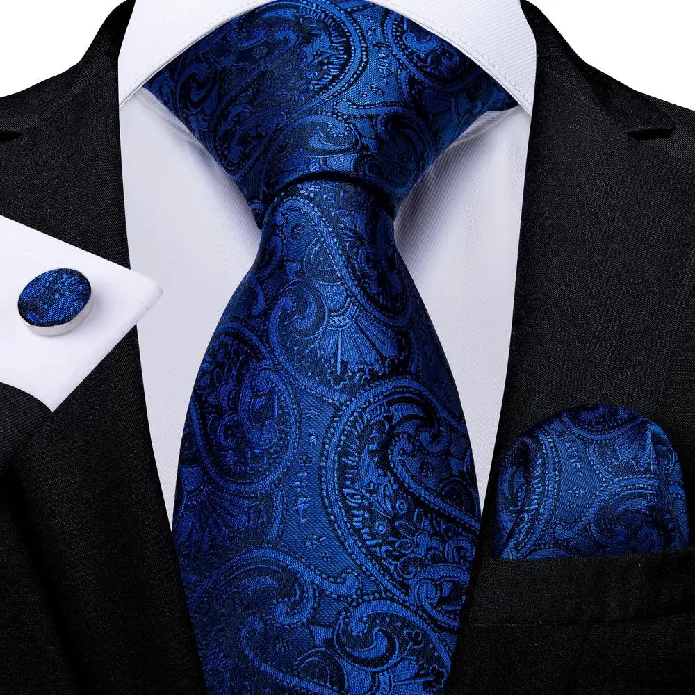 Dark Blue Paisley Silk Tie - With Matching Cufflinks & Pocket Square