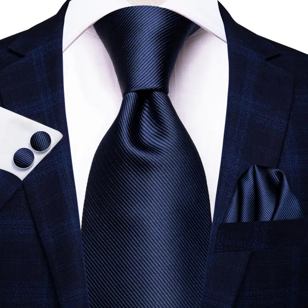Dark Blue Textured Silk Tie - With Matching Cufflinks & Pocket Square