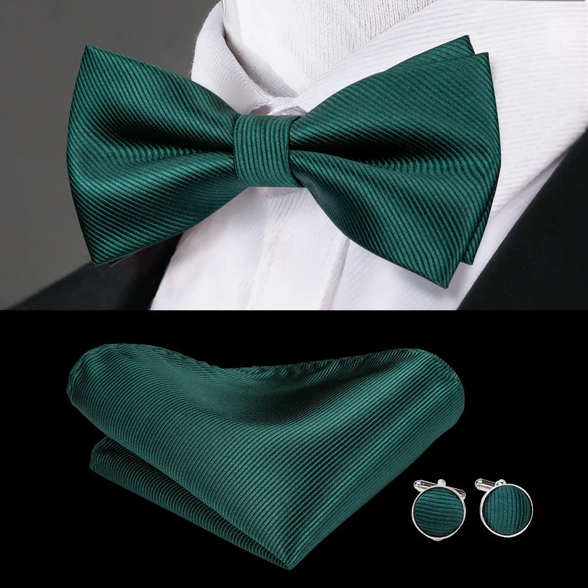 Dark Green Textured Silk Bow Tie - With Matching Cufflinks & Pocket Square